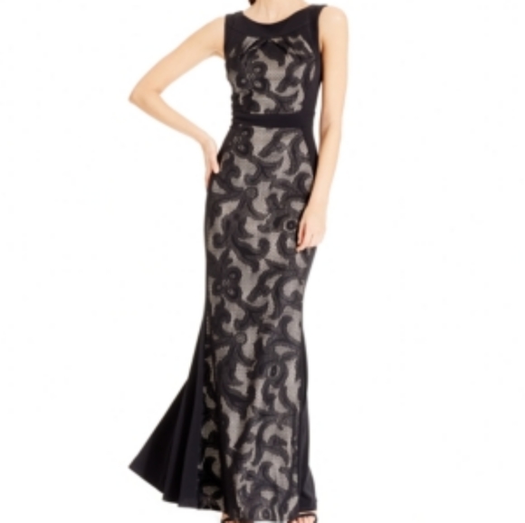 Sangria Sleeveless Burgundy Mesh Lace Panel Gown - Picture 4 of 7